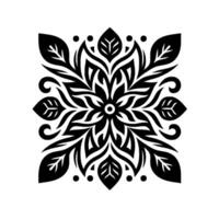 Symmetrical Floral Black and White Mandala with Ornamental Leaf Patterns and Decorative Dots on a White Background. vector