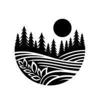 Black and white circular silhouette illustration depicting a stylized forest scene with layered landscape, fir trees, a sun, and ornamental floral elements. vector
