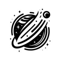 Black and white illustration of a cosmic scene, stylized planet with rings, shooting star and stardust, in minimalist, . vector