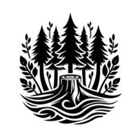 Symbolic monochrome illustration of a forest scene featuring evergreen trees, tree stump and flowing water within a circular . vector