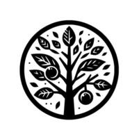 Black and white tree illustration with a circle border, featuring stylized leaves and fruit, evokes a sense of nature and simplicity. vector