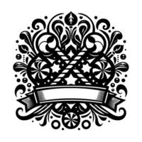Intricate Black and White Illustration Featuring Crossed Candy Canes, Stars, and Ornate Floral Scrollwork, Centered by a Blank Banner. vector