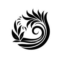 Black and white abstract botanical featuring a stylized leaf and swirl motif, rendered with smooth shapes and bold contrast, evoking elegance. vector