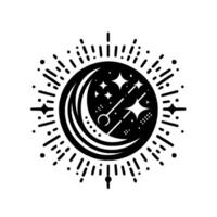 Stylized black and white emblem featuring a crescent moon, stars, dotted details, and rays, creating a mystical, celestial composition. vector