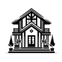 Black and White Illustrated House with Geometric Architecture, Balcony, Foliage, and Cannabis Leaf Accents, Set Against White Background. vector
