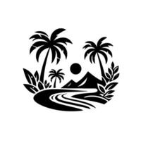 Stylized Black and White Tropical Scene Palm Trees, Sun, Mountains, and Winding River on White Backdrop. vector