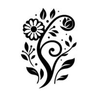 Elegant Black Floral Ornament with Daisy, Buds, Leaves, and a Swirl Pattern on a White Background. vector