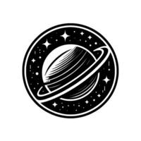 Minimalist, black and white circular emblem featuring a stylized planet with rings, surrounded by stars, creating a cosmic space symbol. vector