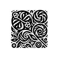 Black and White Intricate Square Ornament with Swirls, Leaves, and Key Motif, Decorative Floral Pattern. vector