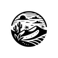 Circular blackandwhite of a desert landscape, featuring cacti, palm trees, sand dunes, and clouds, set against a plain white background. vector