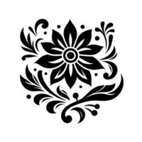 Symmetrical Black Floral A stylized, symmetrical artwork featuring a central flower surrounded by elegant leaf and swirl patterns. The monochrome palette highlights the bold forms. vector