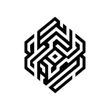 Geometric Black and White Mazelike Hexagon with Concentric Patterns, Central Square, and Clean, Modern . vector