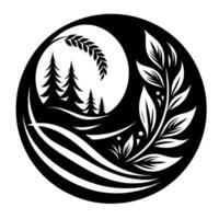 Black and white circular nature illustration featuring trees, wheat, leaves, fields and hills, evoking serenity and harmony. vector