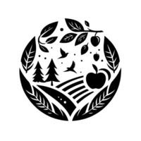 Stylized Black and White Circular Illustration Featuring Apple, Birds, Trees, Fields, and Leafy Border. vector