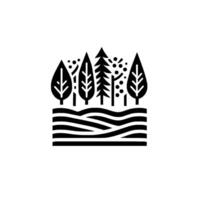Stylized Black White Forest Depicting Trees, Hills, and Dots, Minimalist , Ideal for Logos and NatureThemed Projects. vector