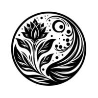 Intricate, black and white floral mandala within a circle, featuring a lotus flower, leaves, and decorative swirling patterns. vector