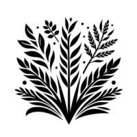 Elegant symmetrical black and white botanical illustration featuring diverse leaf arrangements, with minimalist and scattered dot accents. vector