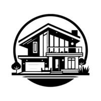 Modern Monochrome House Twostory Home with Garage, Balcony, Trees, and a Unique Black Circle Frame. vector