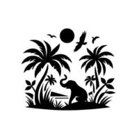 Silhouette of an elephant kneeling in tropical landscape with palm trees, birds flying and the sun, all in black and white. vector