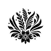 Monochromatic floral and leaf , a symmetrical composition featuring flower, foliage, hearts and dots, on a stark white background. vector