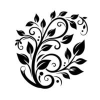 Elegant black and white floral scroll featuring leaves, swirls, and dots on a plain white background. vector