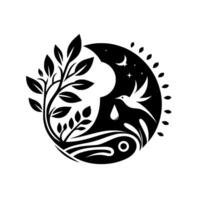 Harmonious Yin Yang Symbol with Plant, Bird, Water Drop, Moon, and Stars a balanced illustration of life. vector
