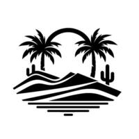 Monochrome desert landscape with stylized palm trees, cacti, and a sunset arc above rolling dunes, suggesting a serene, vintage travel destination. vector