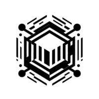 Abstract Geometric Hexagon with Central Cube Structure, Minimalist Black and White , Connected Dots. vector