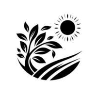 Black and white minimalist nature stylized tree with leaves, sun rays, and field curves, on a white background for a serene, natural feel. vector
