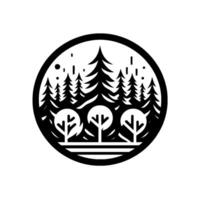 Monochrome Circular Illustration Forest Scene with Coniferous and Deciduous Trees, Black and White, Minimalist vector