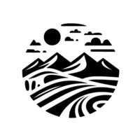 A minimalist, circular, black and white landscape featuring mountains, fields, sun, and clouds, evoking a sense of natural serenity. vector