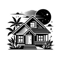 Black and white silhouette of a charming bungalow with palm trees, a starry night sky, and a crescent moon, evoking tranquility. vector