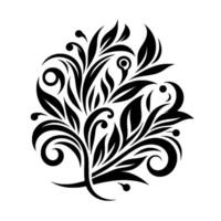 Intricate Black and White Floral A symmetrical, stylized depiction of leaves, swirls, and berries arranged in a harmonious circle, perfect for decorative purposes. vector