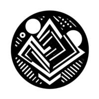 Intricate Geometric Black and White within a Circle with Repeating Angular Shapes and Circular Elements, Modern Aesthetic. vector