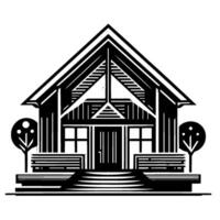 Geometric Black and White Illustration of a Modern House with Trees, Benches, and Staircase, Clean Architectural . vector