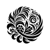 Intricate Black Floral Pattern on White Background Circular with Stylized Leaves, Flowers, and Swirls. vector