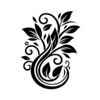 Intricate black and white art of a stylized plant with leaves, tendrils, and swirls, set against a bright white backdrop. vector
