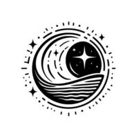 Circular black and white celestial emblem featuring a crescent moon, starry sky, and stylized waves within a dotted border. vector