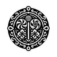 Black and white symmetrical mandala featuring lollipops, geometric shapes, and ornate swirling patterns. vector
