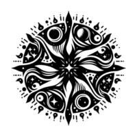 Intricate Black and White Circular Celestial with Starry Elements, Eye Shapes, and Ornamental Patterns. vector