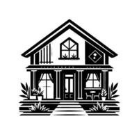 Art of a Black and White Cottage with Porch, Windows, and Landscaping, Illustrating Home and Tranquility. vector