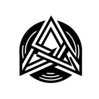 A bold, modern featuring a white intertwined triangular shape inside a black and white concentric circle, minimal . vector