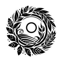 Circular Black and White Illustration A stylized wreath of leaves frames a central circle, encompassing organic flowing lines. vector