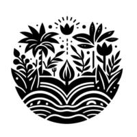 Stylized monochrome landscape emblem with tropical elements, encompassing a palm tree, stylized flowers, and layered waves, creating a natureinspired badge. vector