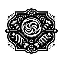 Intricate black and white symmetrical featuring a swirly lollipop surrounded by wrapped candies, ornate flourishes, and decorative border elements. vector