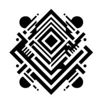 Symmetrical Black and White Geometric Composition DiamondShaped Pattern with Lines, Dots, and Circles on White Background. vector