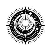 Intricate Celestial Emblem A Black and White Circular Featuring Crescent Moons, Starburst, Planets, and Constellations, with a Bold, Decorative Border. vector