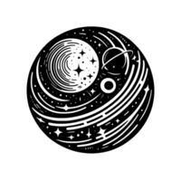 A celestial black and white illustration of a circular universe with planets, stars, and cosmic rings, contained within a stylized orb. vector