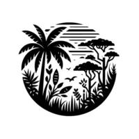 Black and white circular illustration of a tropical landscape featuring palm trees, various plants, trees, birds, and a stylized sun. vector