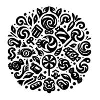 Elegant, minimalist black and white circular featuring an assortment of candy elements, including lollipops, swirls, and leaves. vector